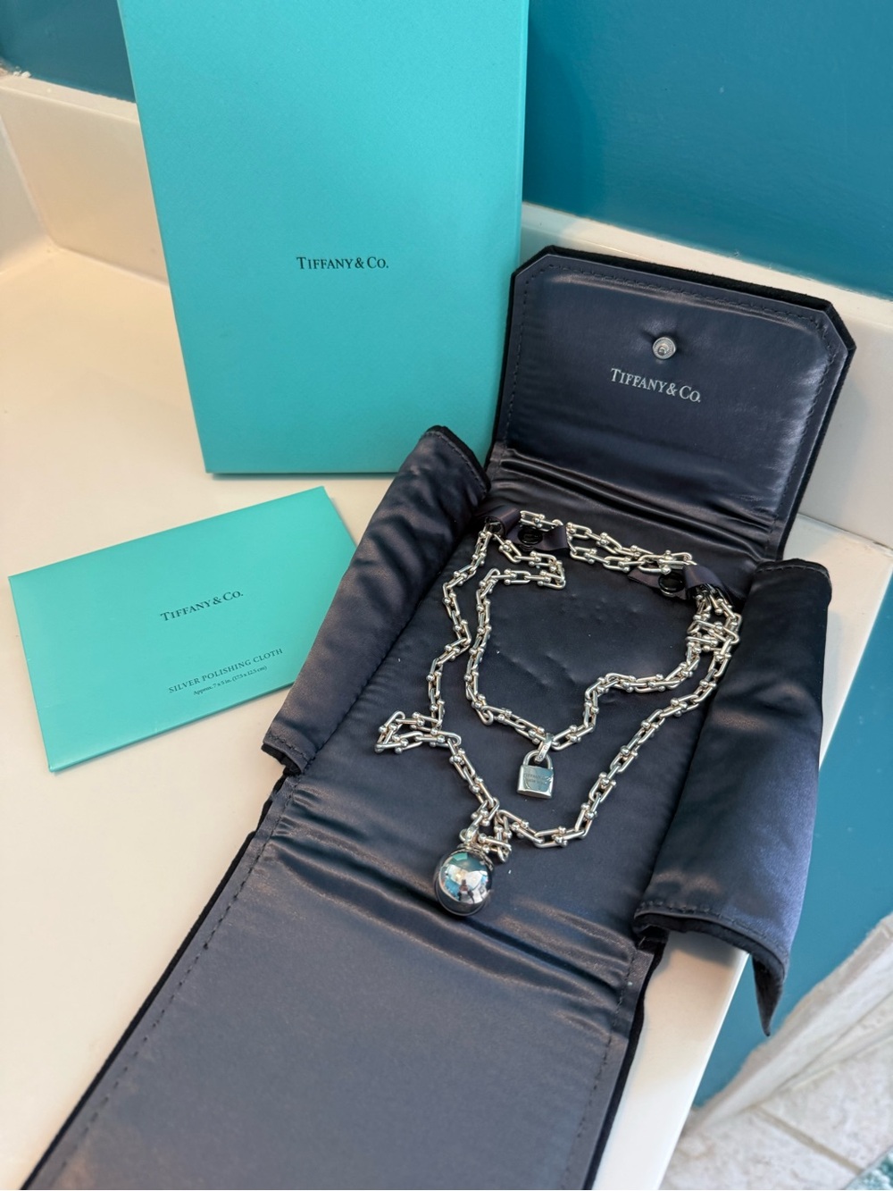 Tiffany & Co. Sterling Silver HardWear Wrap Necklace with Tiffany Padlock & Ball